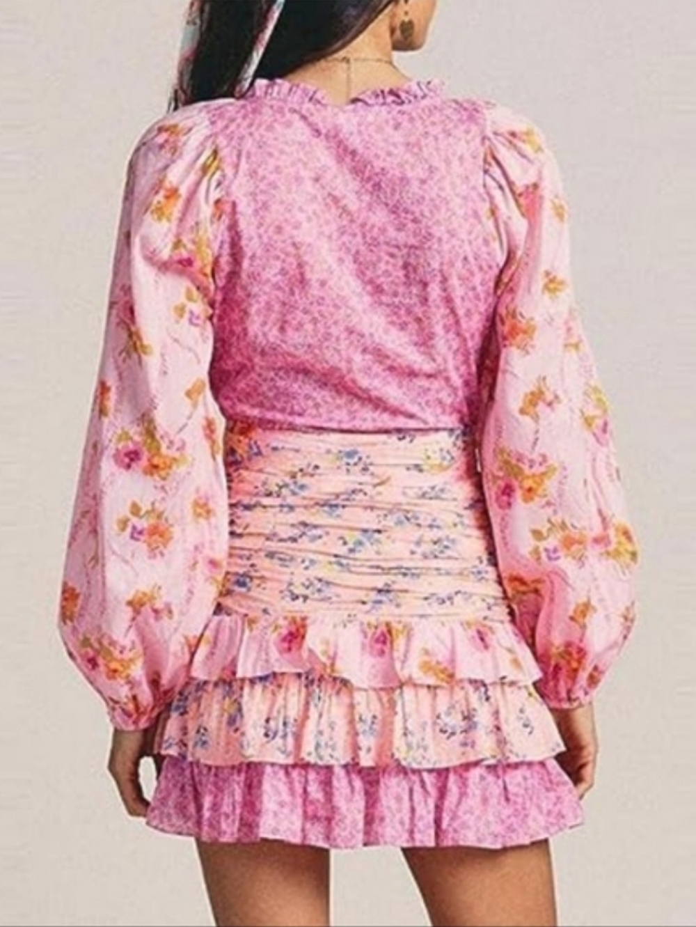 For Love Bell Pink Floral Tiered Mini Dress with Puff Sleeves - Women's Small - Picture 4 of 11